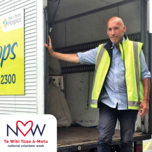 Volunteer Truck Hand Colin helps Truck Drivers collect donated goods for the Mary Potter Hospice.