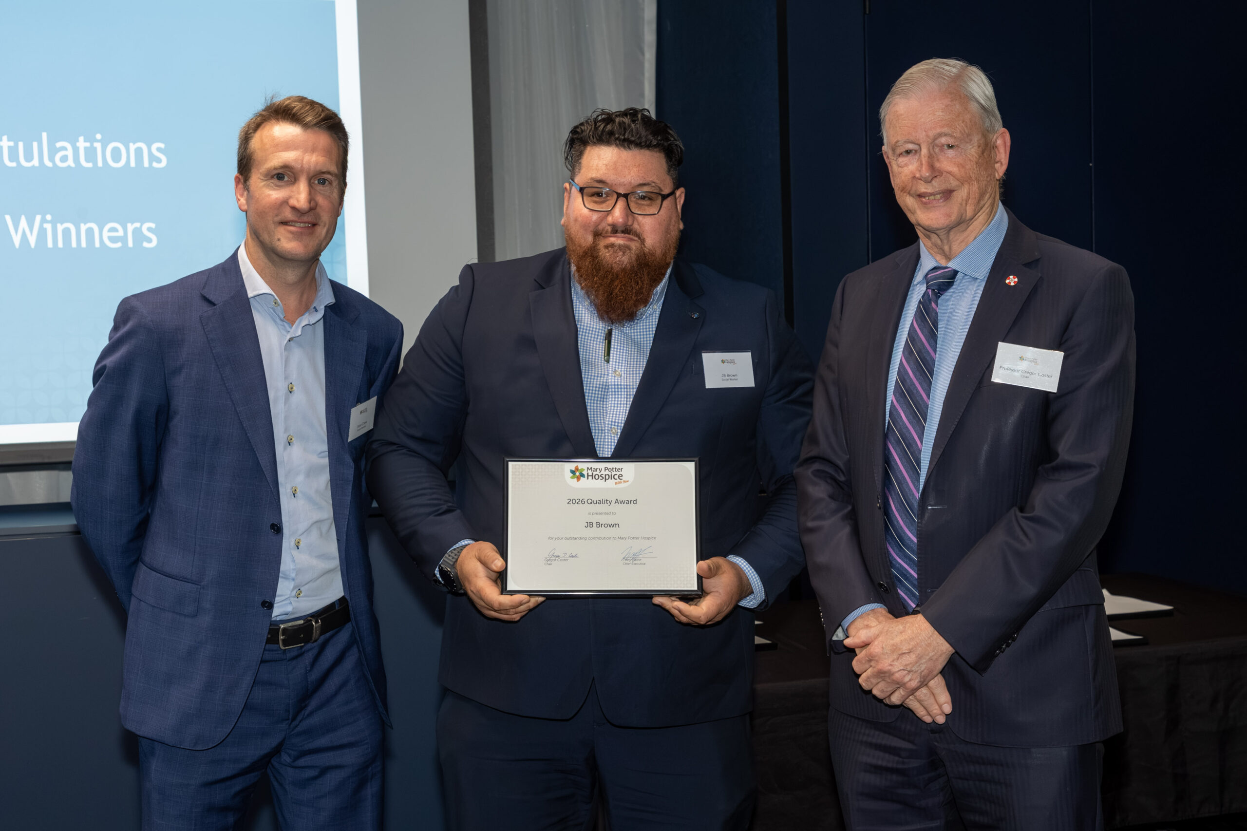 JB Brown receiving the Quality Award at the 2026 Mary Potter Hospice Annual Awards